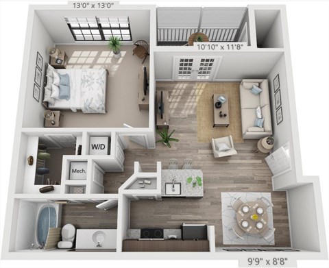 Floor plan for 1 bed, 1 bath, 669 sqft